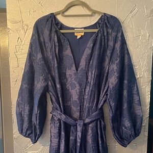 Future Collective Blue Floral Jacquard V-Neck Belted Dress